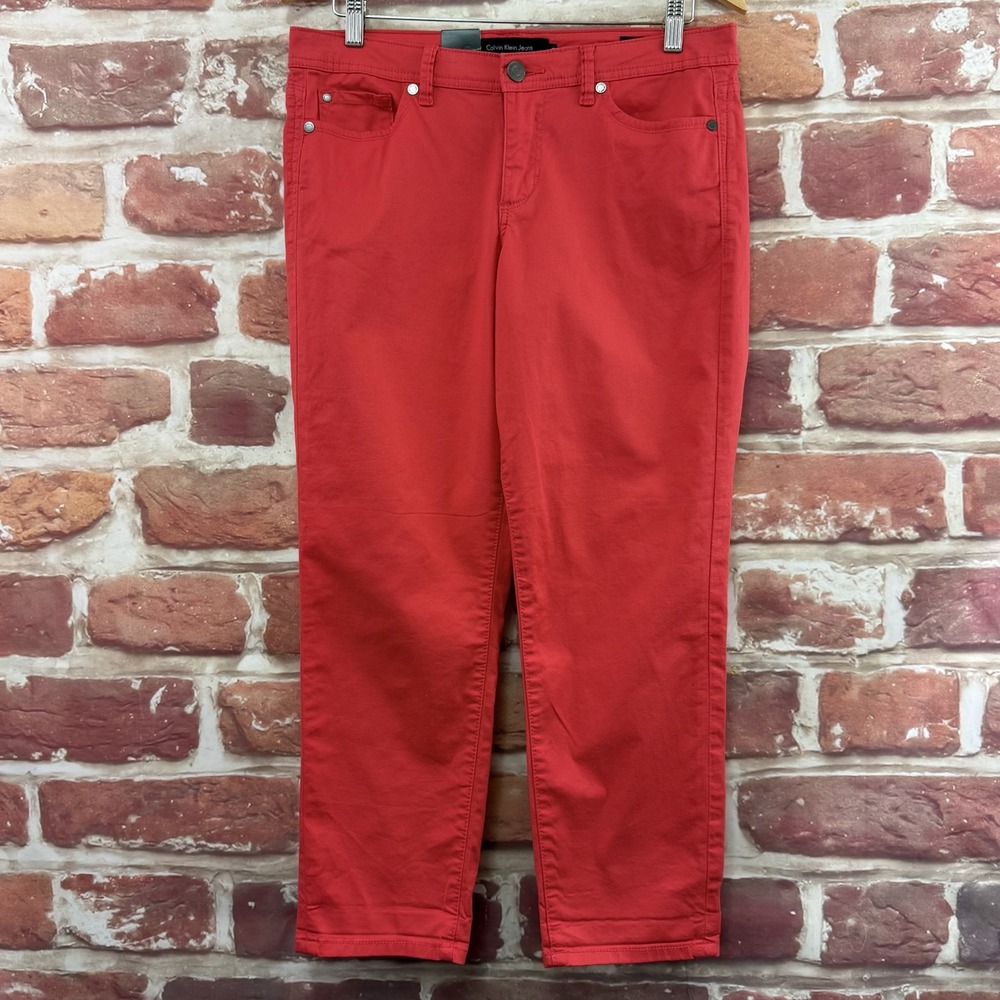 Calvin Skinny Crop Pants Women's 10 Coral Red Pink Stretchy Pocketed Casual